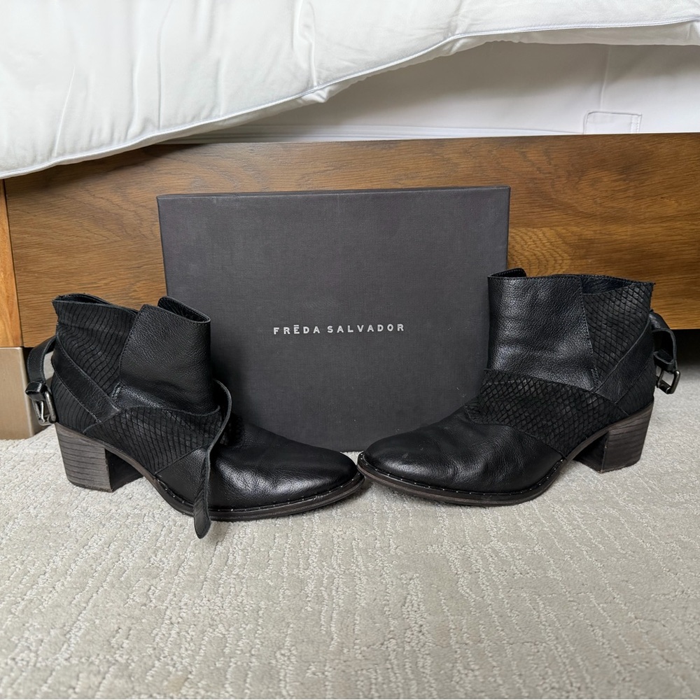 Freda Salvador Black Leather Ankle Booties with Buckle Strap